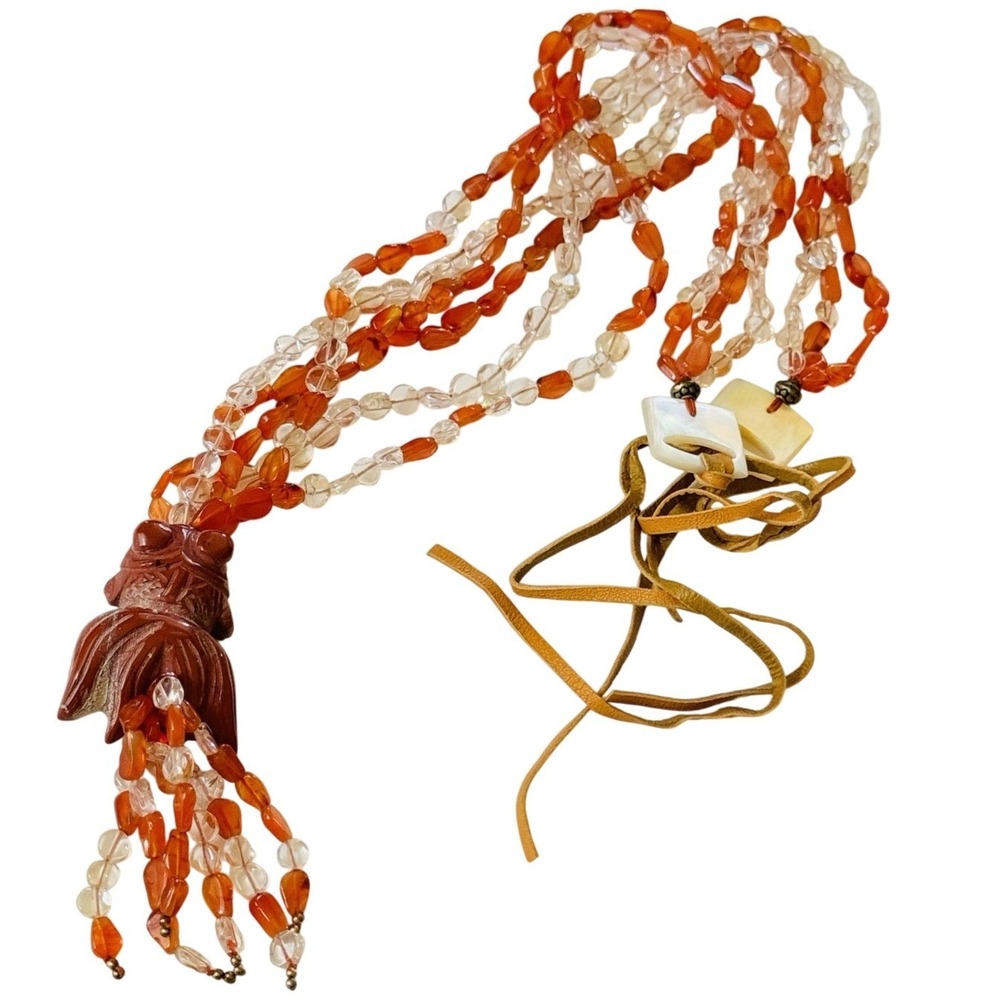 Koi Fish NECKLACE Vtg Genuine Carved Jasper Carnelian Quartz Beaded Collar BOHO